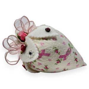 Handmade Strawberry Pin Cushion Floral Rose Bud and‎ Ribbons Pink Survivor Print